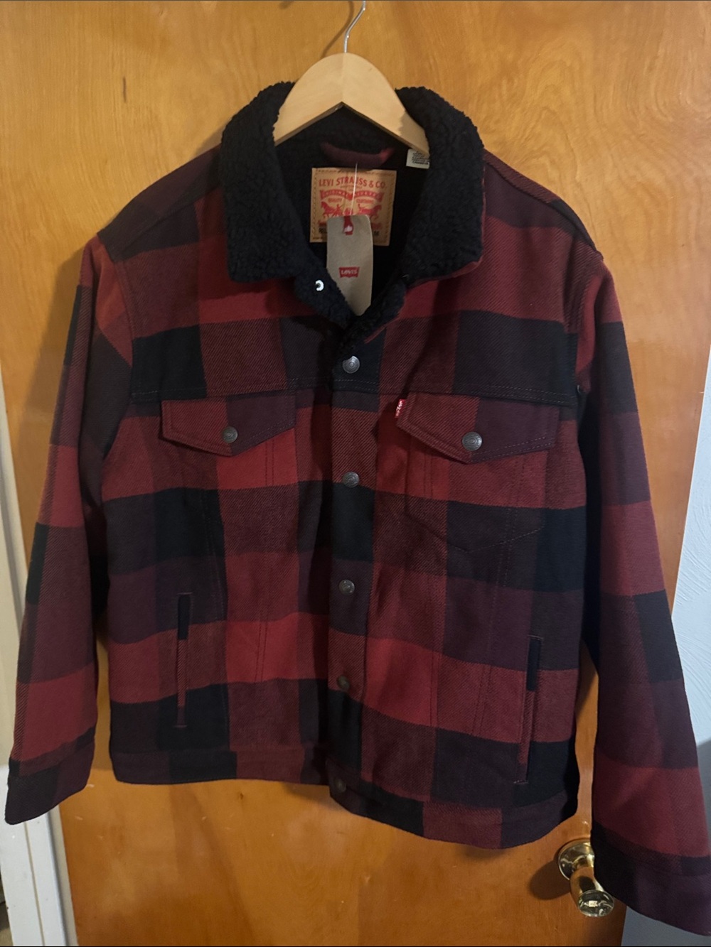 Levis Jacket Mens Medium Red Plaid Fleece Sherpa